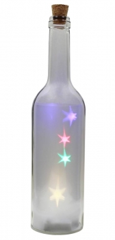 Flasche mit LED-Lichterkette farbig, Glas weiss, kompl inkl Presskorken